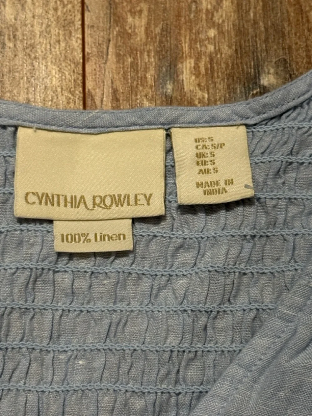Cynthia Rowley Light Blue Smocked Shoulder V-Neck linen tank